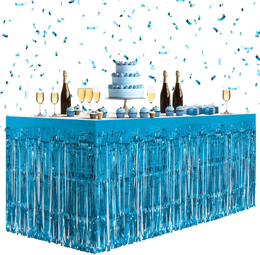 4 Pack Lake Blue Table Skirts, 29x108" Metallic Foil Tinsel Fringe Table Skirts for Rectangle Tables Streamer Curtains Backdrop, Party Decorations for Birthdays Weddings Holidays