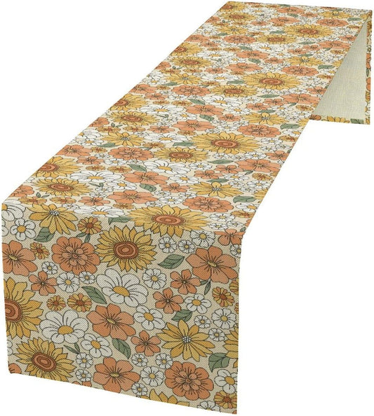 Vintage Floral Table Runner,Boho 70s Style Retro Daisies Flower Table Runner for Kitchen Dining Table Home Party Decoration 13x90 Inch