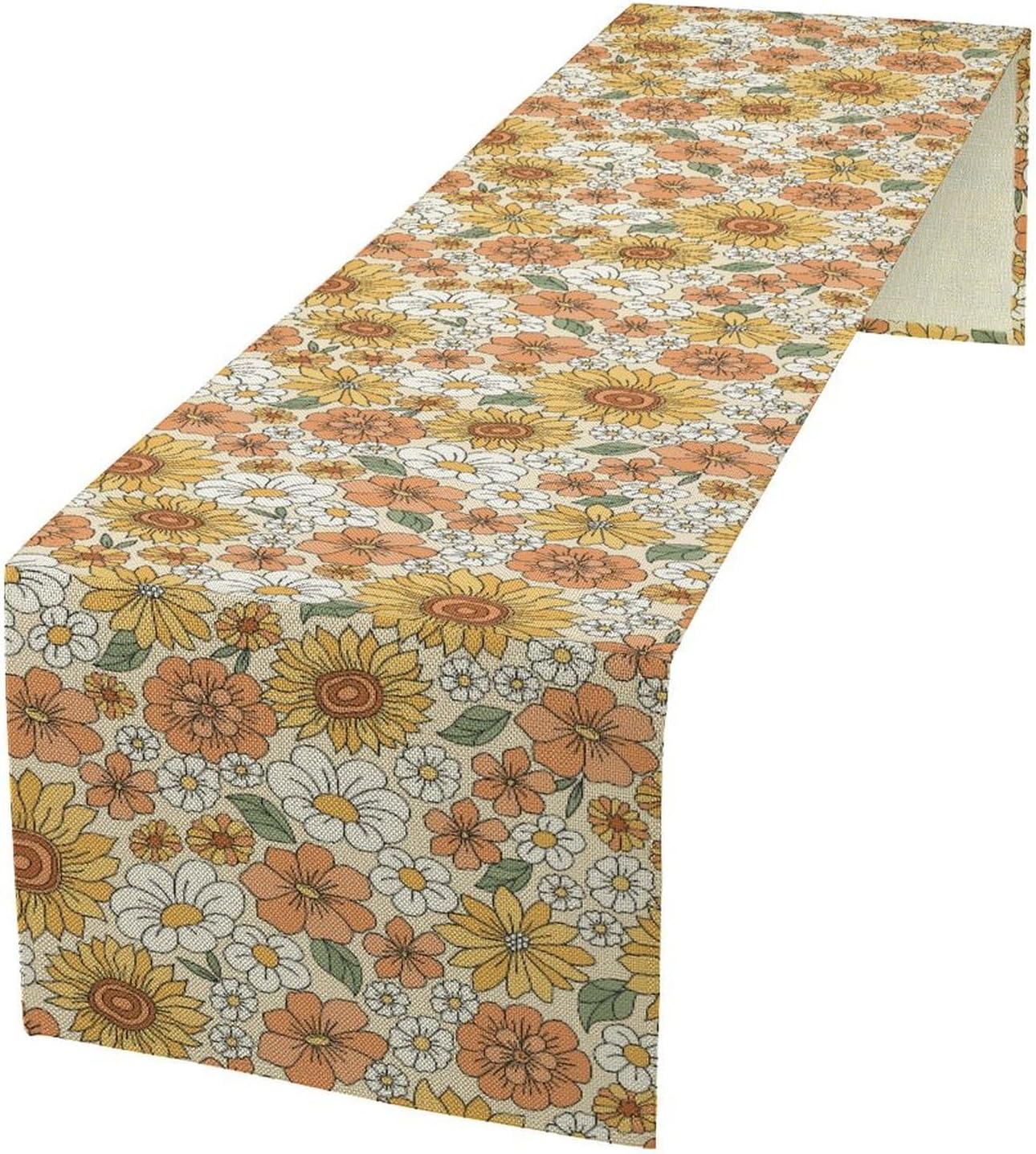Vintage Floral Table Runner,Boho 70s Style Retro Daisies Flower Table Runner for Kitchen Dining Table Home Party Decoration 13x36 Inch