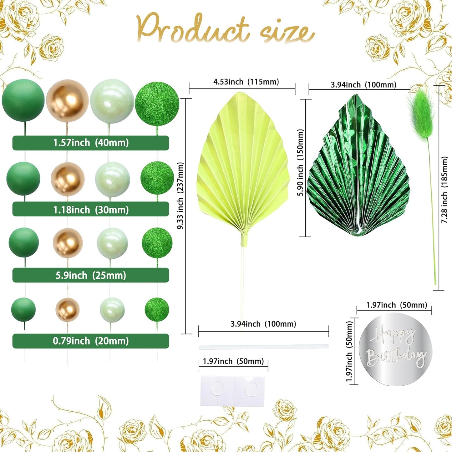 Ephlyn 33 Pack Balls Cake Toppers Boho Palm Leaves Cake Decorations Round Acrylic Happy Birthday Cupcake Toppers for Birthday Wedding Baby Shower Party Supplies Green