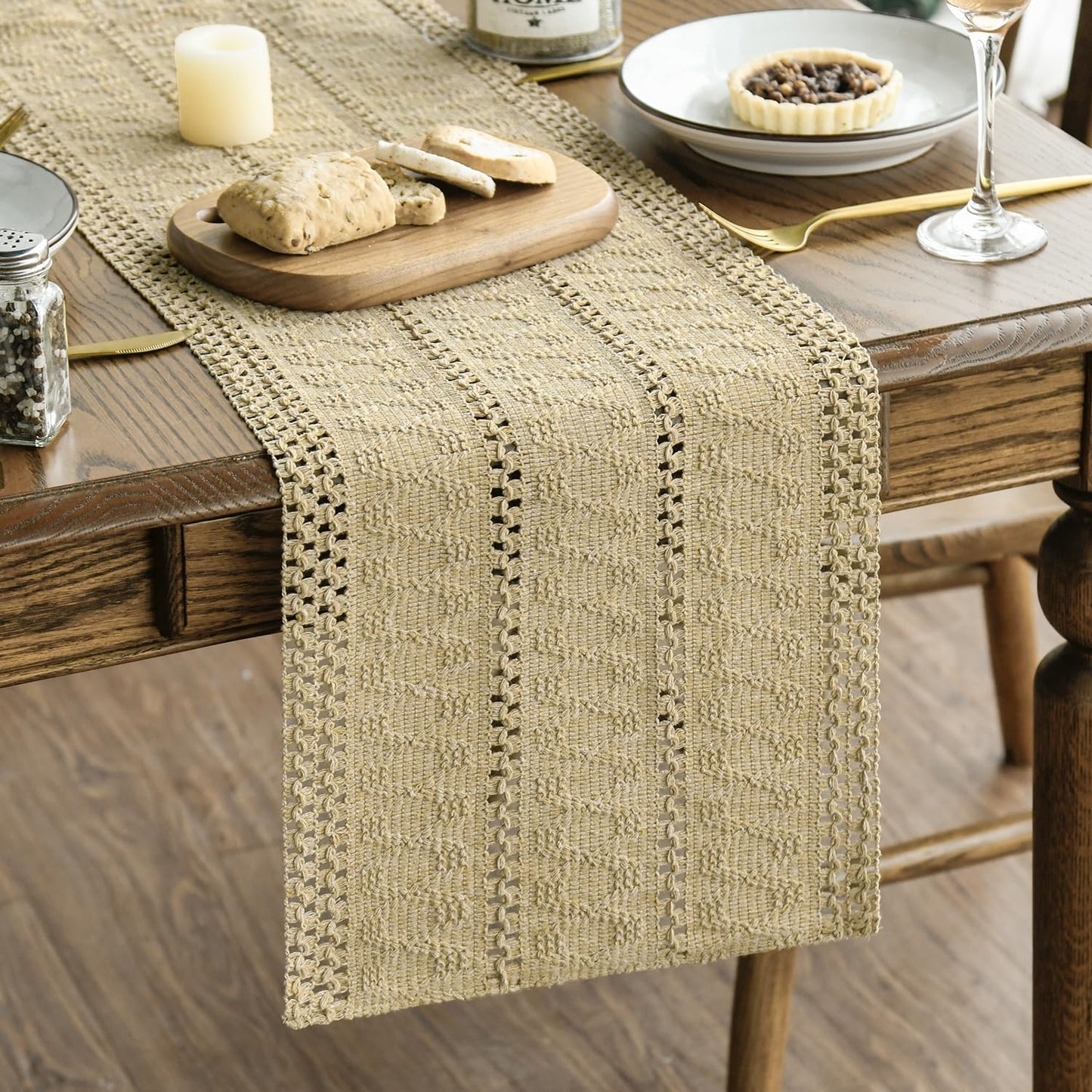 Artoid Mode Burlap Brown Farmhouse Woven Rustic Hollow Table Runner, Seasonal Holiday Hollow Kitchen Dining Table Decoration for Home Party Decor 12x108 Inch
