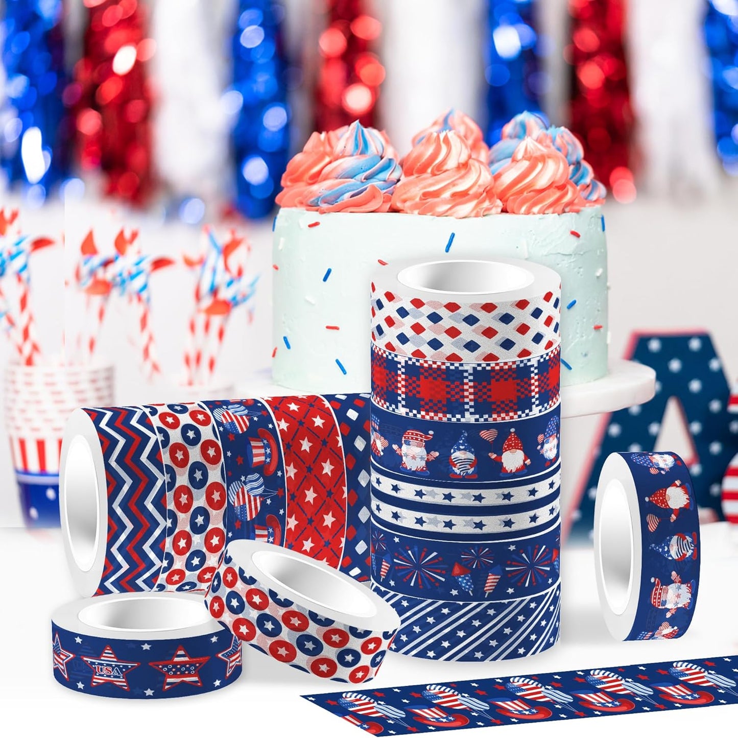 Washi Tape 12 Rolls Washi Tape Set Patriotic Packing Tape American Flag Washi Masking Tape Decorative Paper Stickers Decorative Tape for Gifts Wrapping DIY Art Crafts