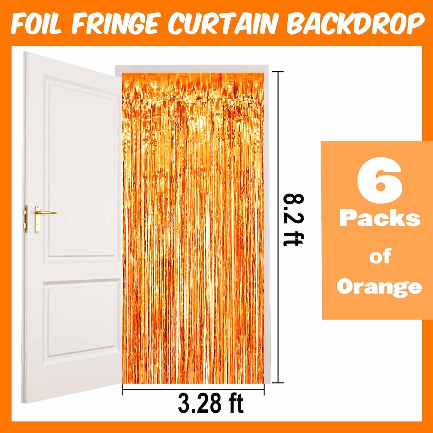 6 Pack Orange Foil Fringe Curtains Backdrop, 3.28 x 8.2 Ft Metallic Streamers Tinsel Curtains Background for Photo Booth, Birthday, Weddings, Carnivals, Graduation, Themed Party Decorations