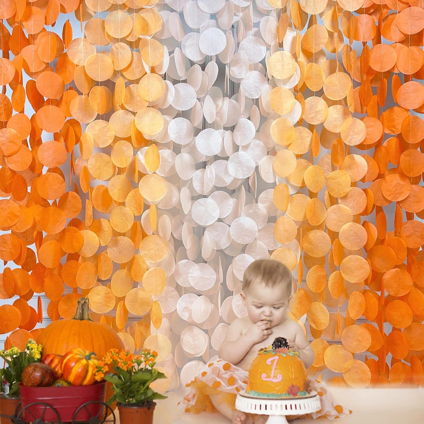 192 Ft Orange Party Decorations Ombre Orange Big Circle Dots Backdrop Streamer Tissue Paper Polka Dots Hanging Garland for Birthday Engagement Wedding Fall Autumn Harvest Thanksgiving Party Supplies
