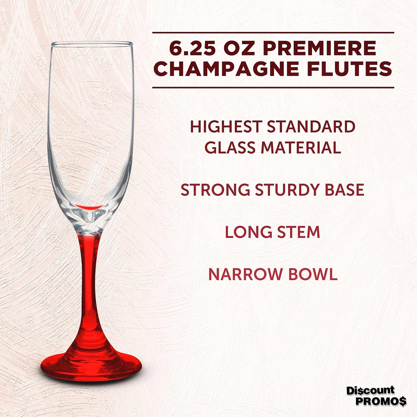 DISCOUNT PROMOS Premiere Champagne Flutes 6.25 oz. Set of 10, Bulk Pack - Elegant Drinkware for Weddings, Events, & Promotional Gifts - Red