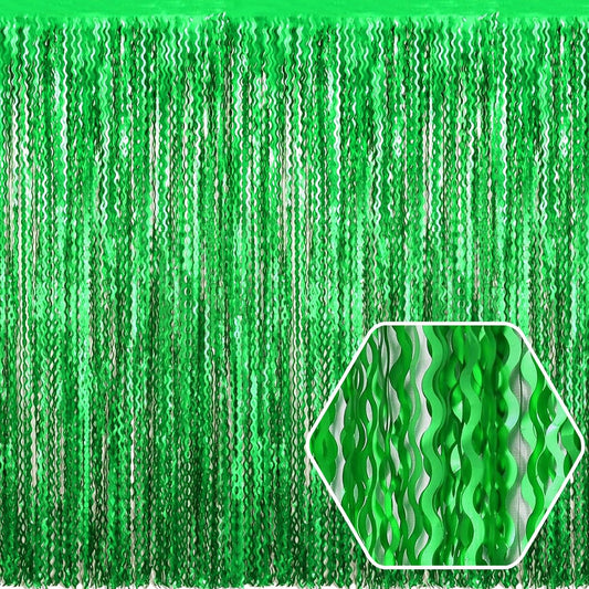 4 Pack Green Wave Foil Fringe Curtain Backdrop, 3.28Ft x 8.2Ft Metallic Tinsel Foil Fringe Streamer Curtains for Photo Booth, Mother's Day, Easter, Birthday, Wedding Party Decoration