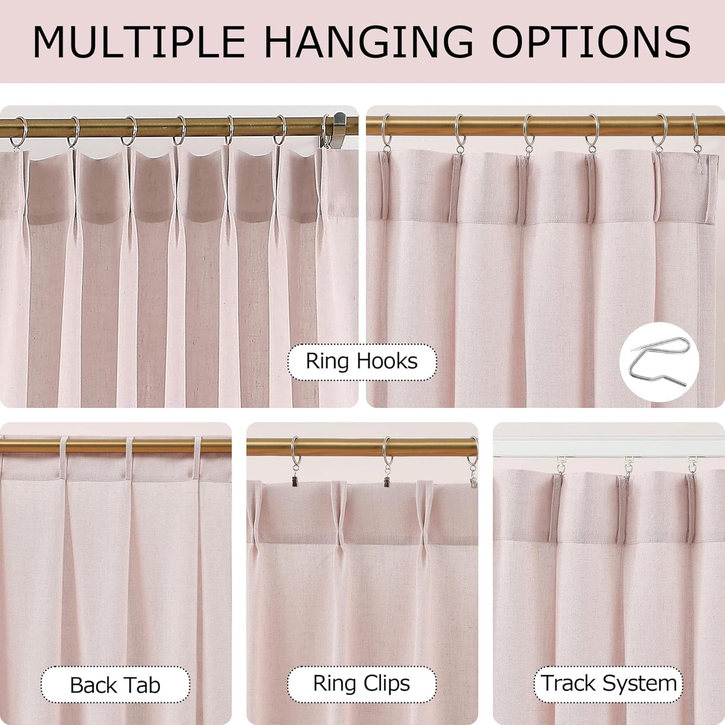 Vision Home Light Pink Pinch Pleated Semi Sheer Curtains Textured Linen Blended Light Filtering Window Curtains 72 inch for Living Room Bedroom Pinch Pleat Drapes with Hooks 2 Panels 40" Wx72 L