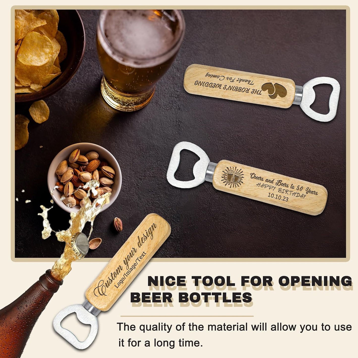15-100PCS Custom Bottle Openers Bulk, Beer Bottle Opener with Wooden Handle, Engraved Groomsmen Gifts, Wedding Favors, Birthday Favors, Gift for Wedding, Party, Bar, Home, Kitchen, Restaurant