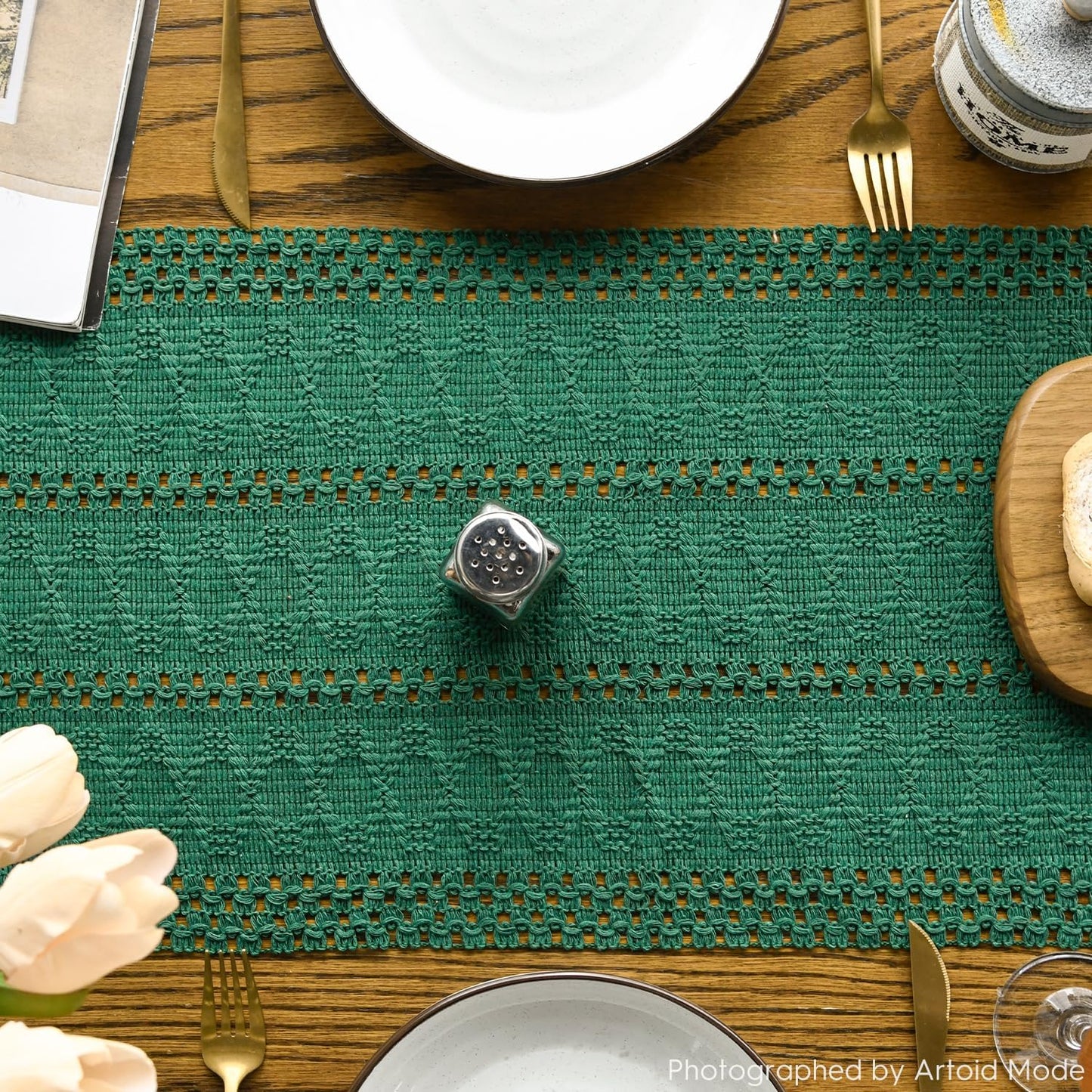 Artoid Mode Dark Green Farmhouse Woven Rustic Hollow Table Runner, Seasonal Holiday Hollow Kitchen Dining Table Decoration for Home Party Decor 12x90 Inch