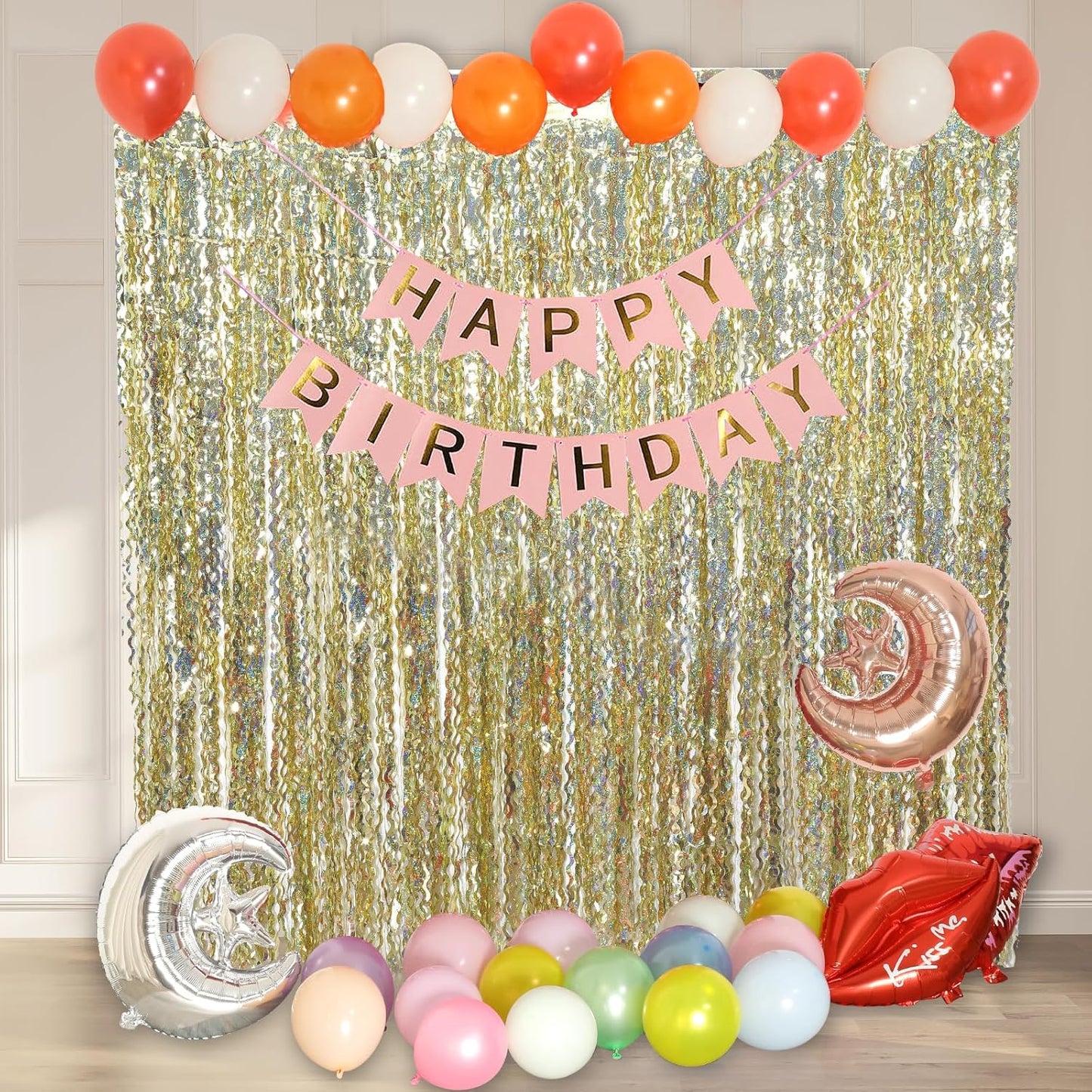 4 Pack Wavy Sparkle Champagne Gold Metallic Tinsel Foil Fringe Curtains Photo Booth Backdrop | Gold Streamer Backdrop for Holiday Celebration Bachelorette Party Decorations