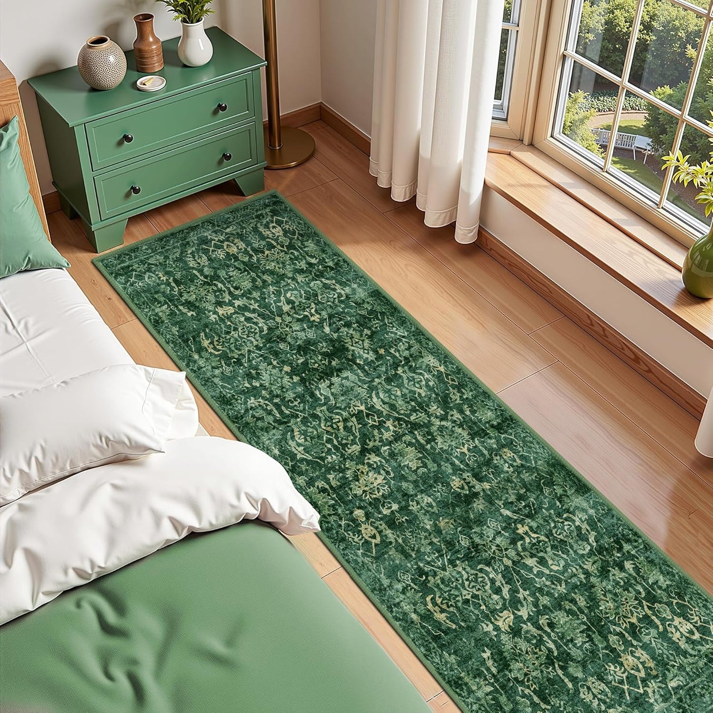 Dark Green 3x12 Runner Rug for Hallways Bed Side Kitchen, Boho Washable Distressed Low-Pile Floor Entryway Long Bathroom Mat, Non-Slip Laundry Room Front Carpet Green 36x144 Inch