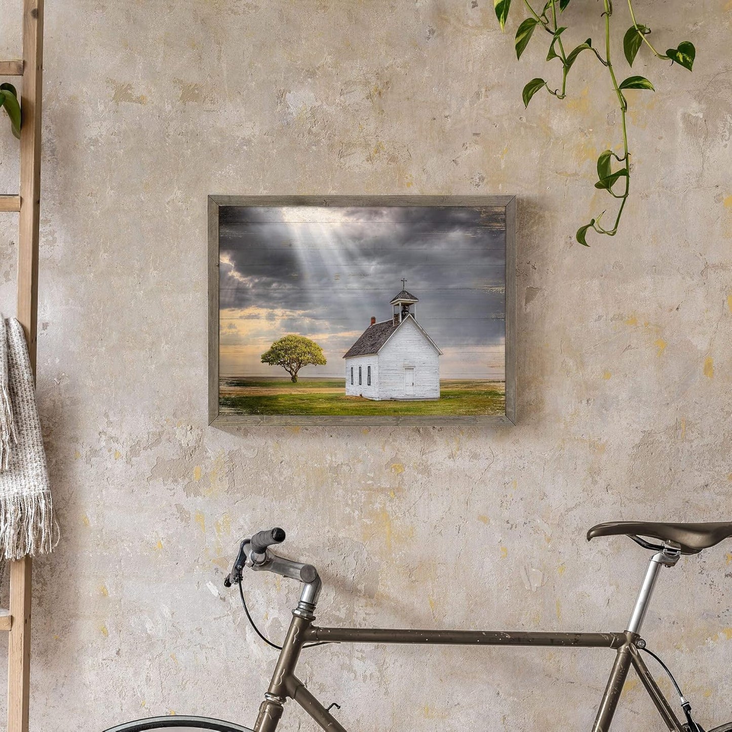 Beautiful Scene Wooden Art Framed: Little House under the Sun Wood Artwork Painting with Framed for Office (12'' x 16'' x 1 Panel)