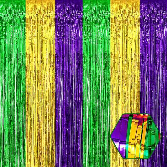 3 Pack Gold Green Purple Foil Fringe Curtain Backdrop, 3.28Ft x 8.2Ft Metallic Tinsel Foil Fringe Streamer Curtains for Photo Booth, Christmas Day, Thanksgiving, Wedding, New Year Party Decorations