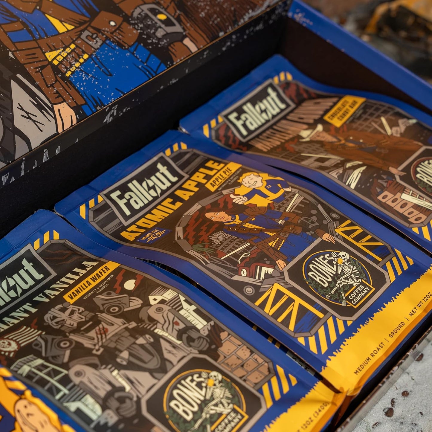 Bones Coffee Company Fallout Collector's Box Flavored Coffee, Low Acid Medium Roast Arabica Beans Coffee Gifts, Fallout Series Inspired, For Auto Drip and French Press,12 oz Pack of 3 Whole Bean