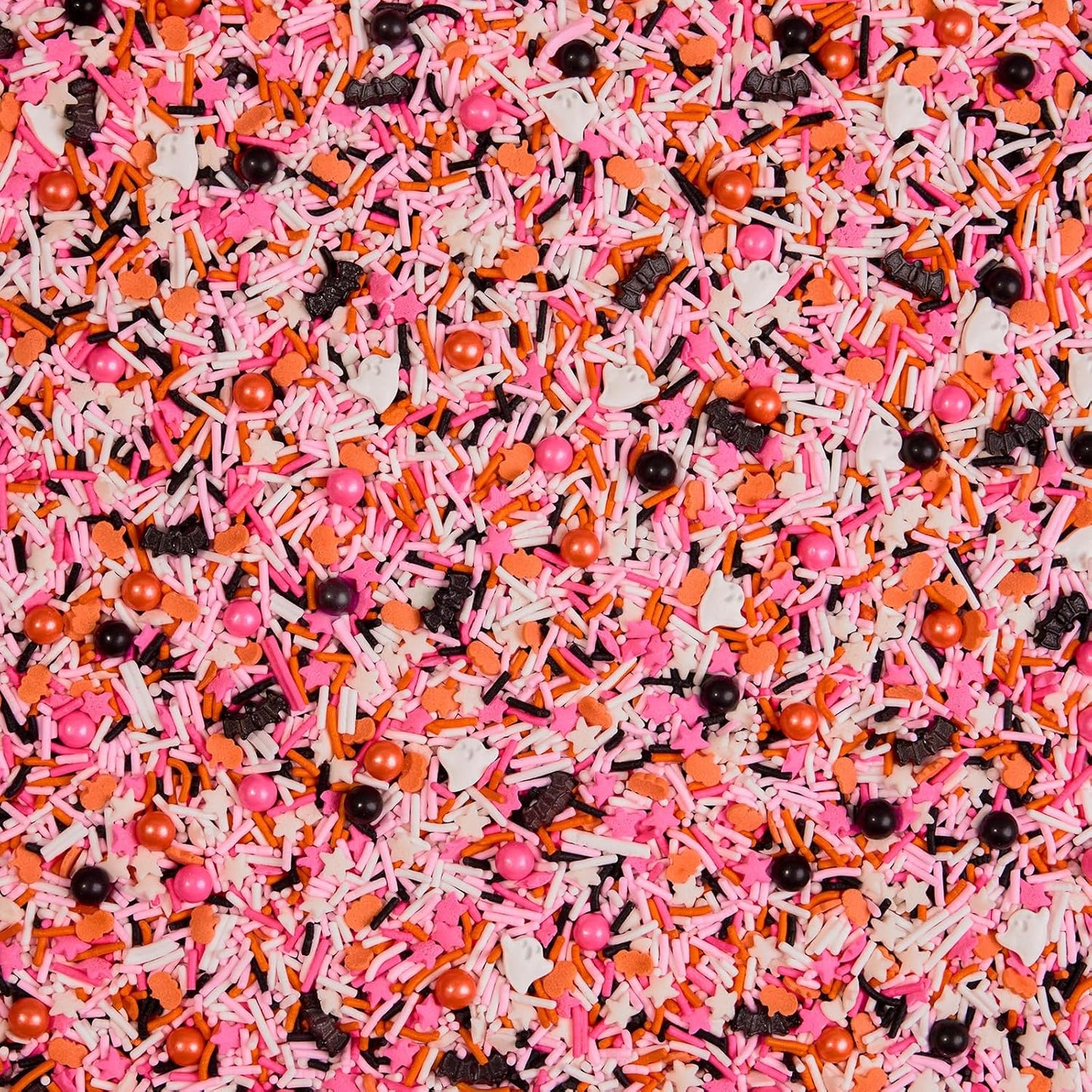 Fancy Sprinkles Limited Edition Halloween Glam Reaper Sprinkles Pink, Orange, Black, and White Crunchy Jimmies Candy Pearls, Bats and Pumpkins (0.5c)