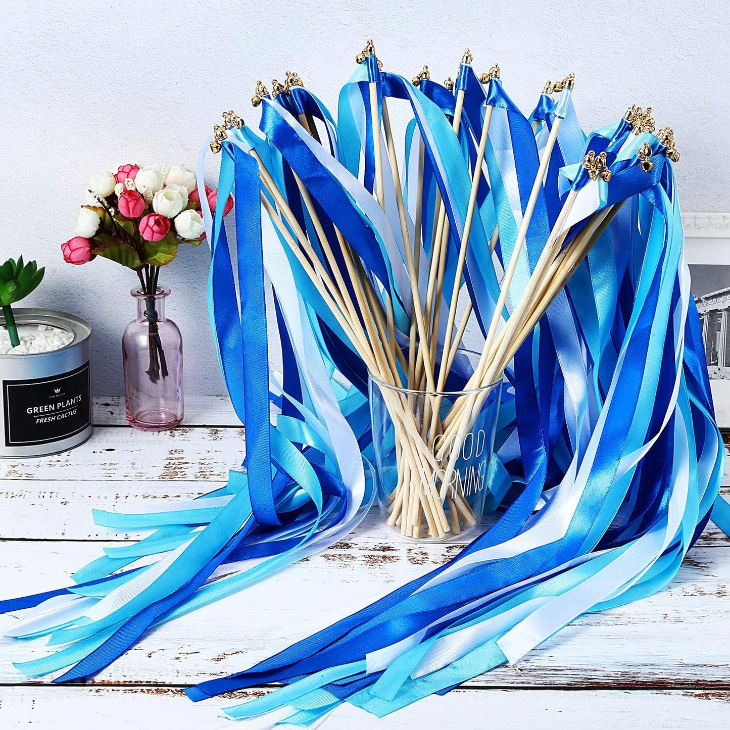 Boao 40 Pieces Mixed Color Ribbon Sticks with Bell, Ribbon Sticks for Stick Party, Streamers for Wedding Birthday Party Celebration Baby Shower Favors(Blue)