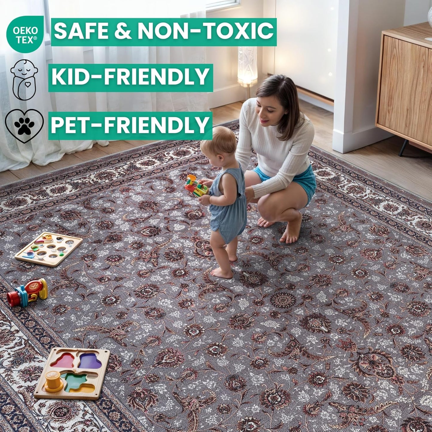 Bloom Rugs Washable Non-Slip 4' x 6' Rug - Slate Gray Traditional Oriental Area Rug for Living Room, Bedroom, Dining Room, and Kitchen - Exact Size: 4' x 6'