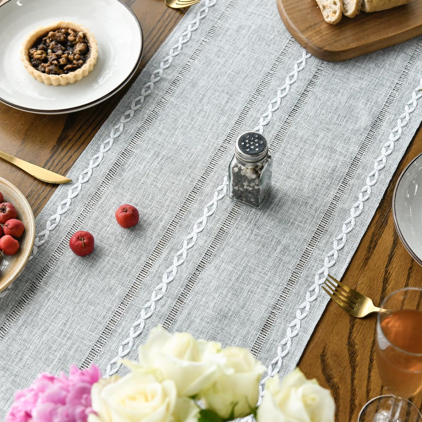 Artoid Mode Grey Rustic Cotton Linen Table Runner, Seasonal Embroidered Hollow Kitchen Dining Table Decoration for Home Party Decor 13x60 Inch