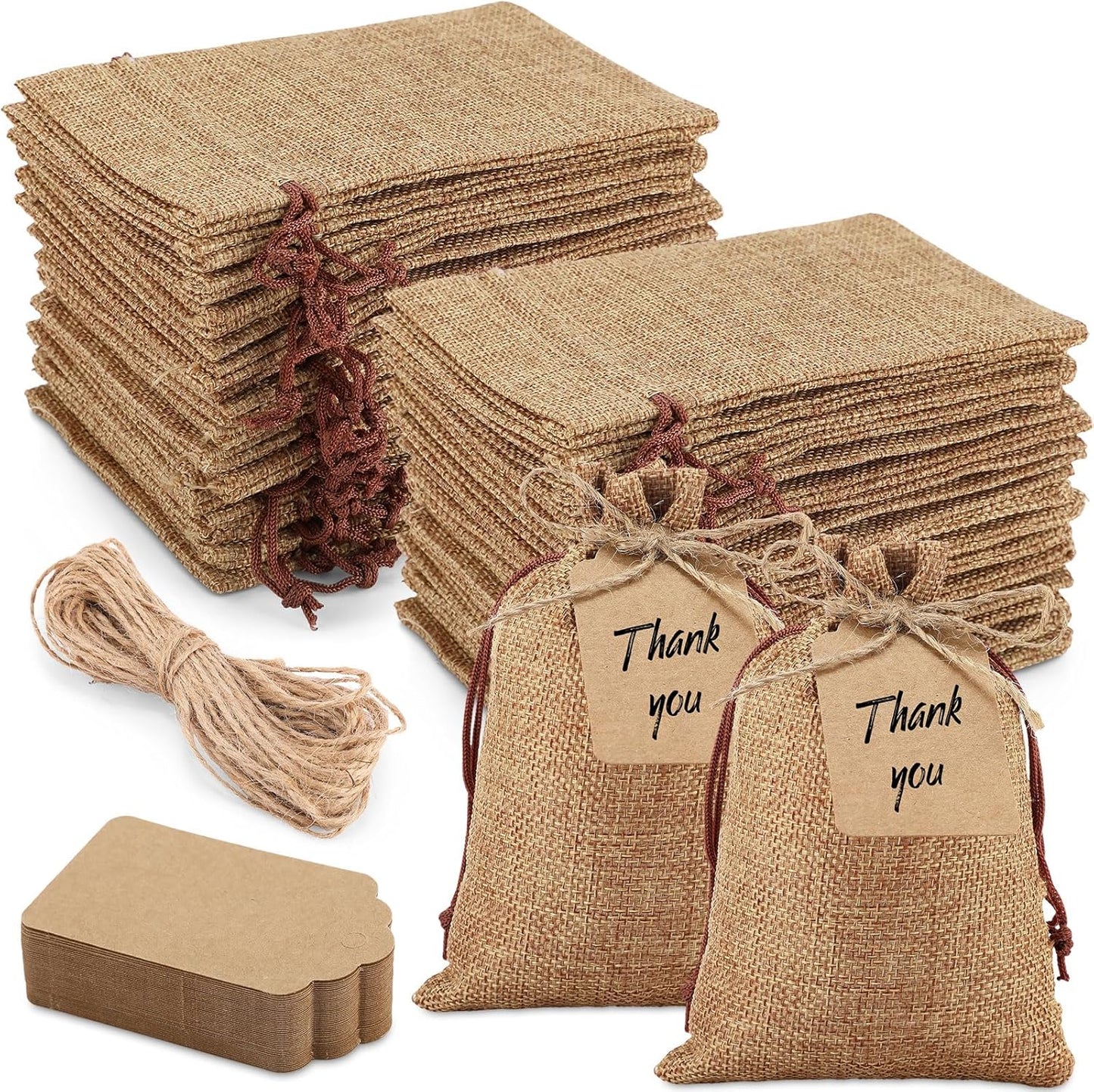 Woanger 100 Pcs Burlap Gift Bags with 100 Pcs Kraft Paper Gift Tags with Drawstring Favor Bulk Burlap Sack Bags for DIY Wedding Party Craft(4 x 6 Inch,Dark Brown)