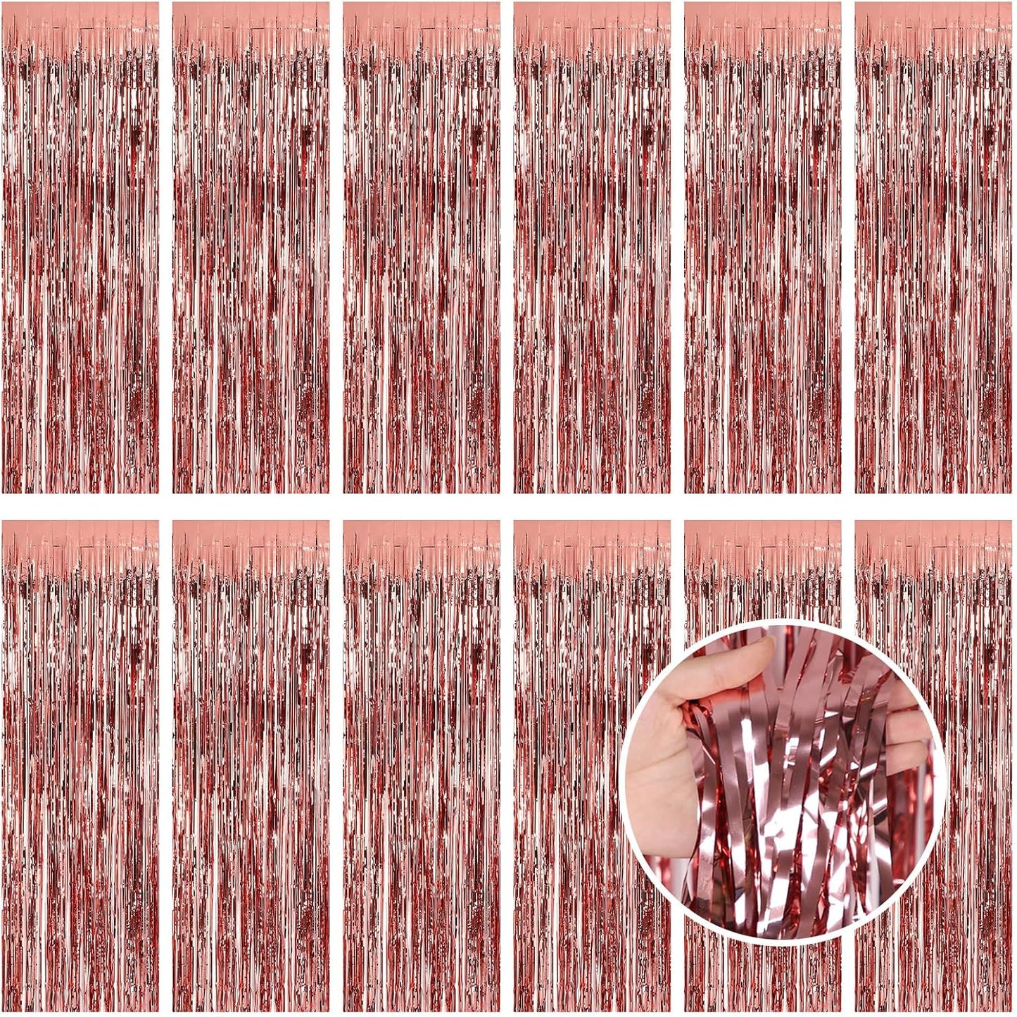 Rose Gold Fringe Curtain Party Streamers, 12 Pack 3.3ft x 8.2 ft Foil Curtain Backdrop Tinsel Foil Fringe Curtains Photo Booth Backdrop Streamer for Birthday, Wedding, Baby Shower, Disco Party