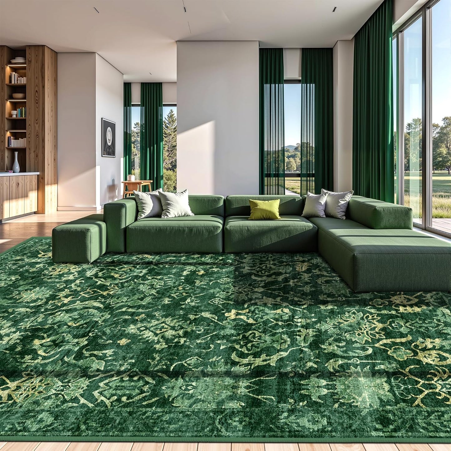 Deerly Dark Green Area Rugs 10x12 for Living Room Soft Non-Slip, Large Bedroom Rug Vintage Dining Room Rug Tribal Farmhouse Carpet for Dining Room Office Green