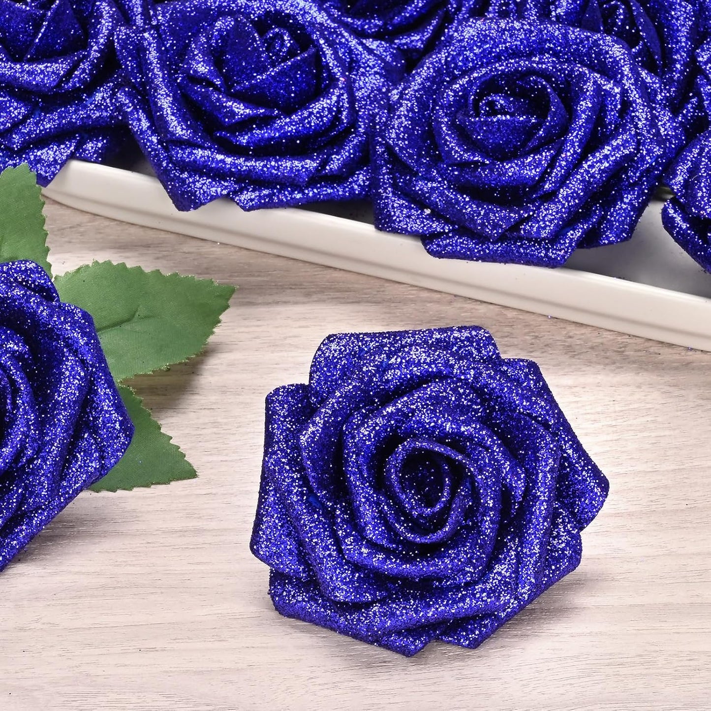 BLEUM CADE 16Pcs Artificial Flowers Fake Roses with Stems, Blue Glitter Boxed Foam Roses for DIY Bouquets Centerpieces Wedding Party Arrangement Bridal Shower Decor