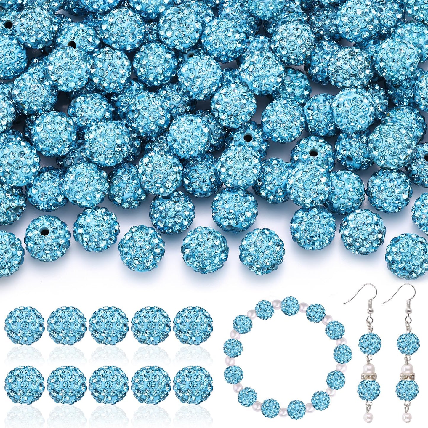 160pcs 10mm Rhinestone Beads for Jewelry Making, Aquamarine Shiny Round Disco Ball Beads Bulk, Sparkle Crystal Clay Christmas for Bracelet Baseball Necklace Earring Crafting and DIY