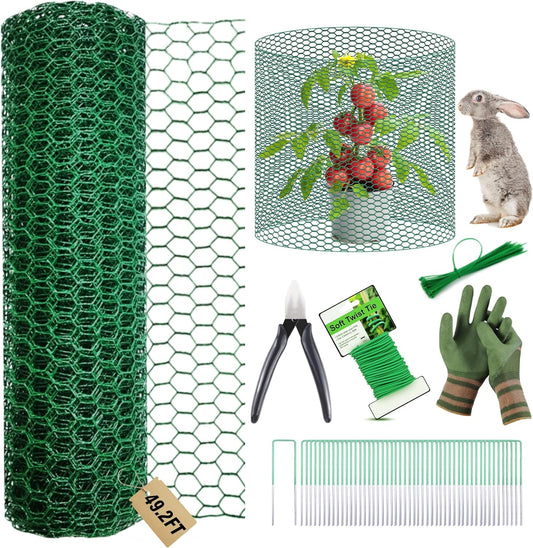 49.2Ft x16In Plant Protectors from Animals - Wire Plant Protector Cages for Outdoor Plants, Free-Cut Metal Mesh Plant Covers Guards Fence, Chicken Wire Cloche with Ground Stakes,Zip Ties