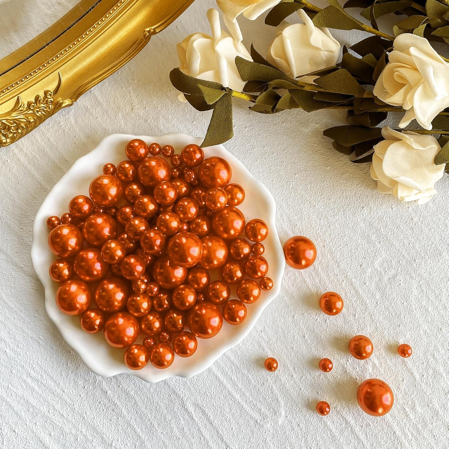 120 PCS 8/14/20mm No Hole Polish Pearl Beads for Centerpiece, Orange Beads Decorative Vase Fillers, Plastics Pearls for Vases, Table Scatters, Wedding Party Decor