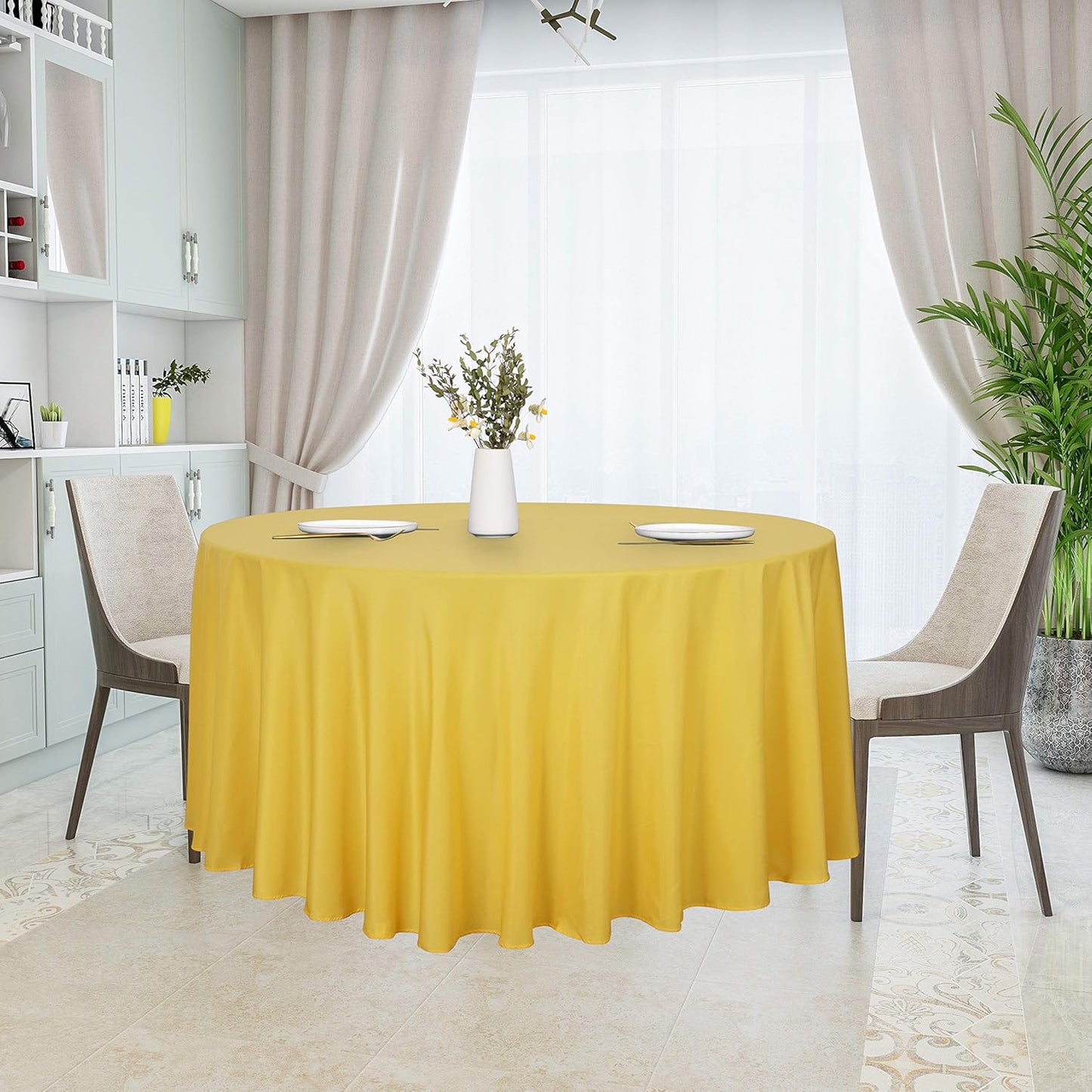 sancua Round Tablecloth - 120 Inch - Water Resistant Spill Proof Washable Polyester Table Cloth Decorative Fabric Table Cover for Dining Tables, Buffet Parties and Camping, Yellow