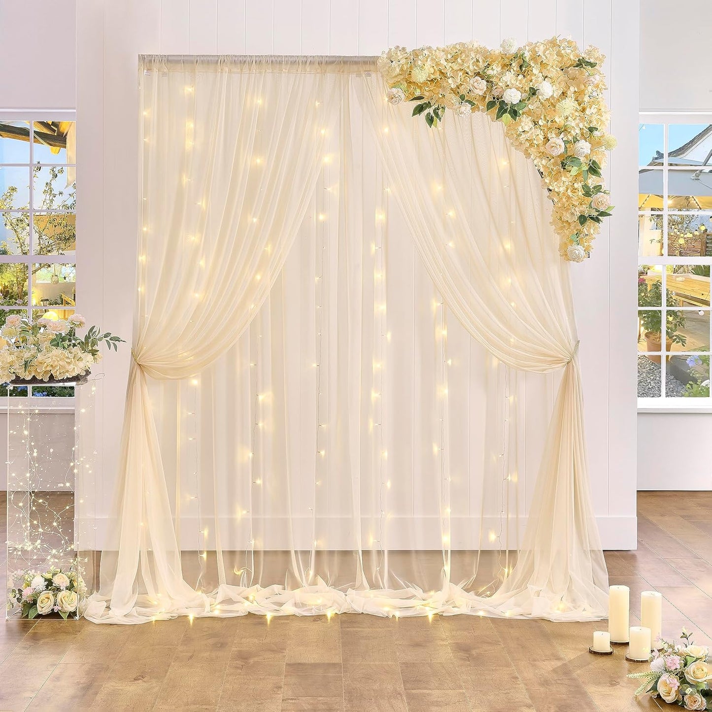 Champagne Sheer Backdrop Curtains for Parties Wedding Baby Shower Birthday Tulle Backdrop Drapes for Engagement Bridal Shower Christmas Photoshoot Background Decorations 10 ft X 10 ft, 2 Panels