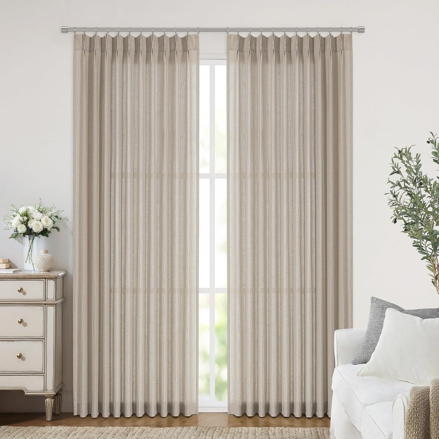 Vision Home Sand Pinch Pleated Semi Sheer Curtains Textured Linen Blended Light Filtering Window Curtains 90 inch for Living Room Bedroom Patio Pinch Pleat Drapes with Hooks 1 Panel 60" Wx90 L