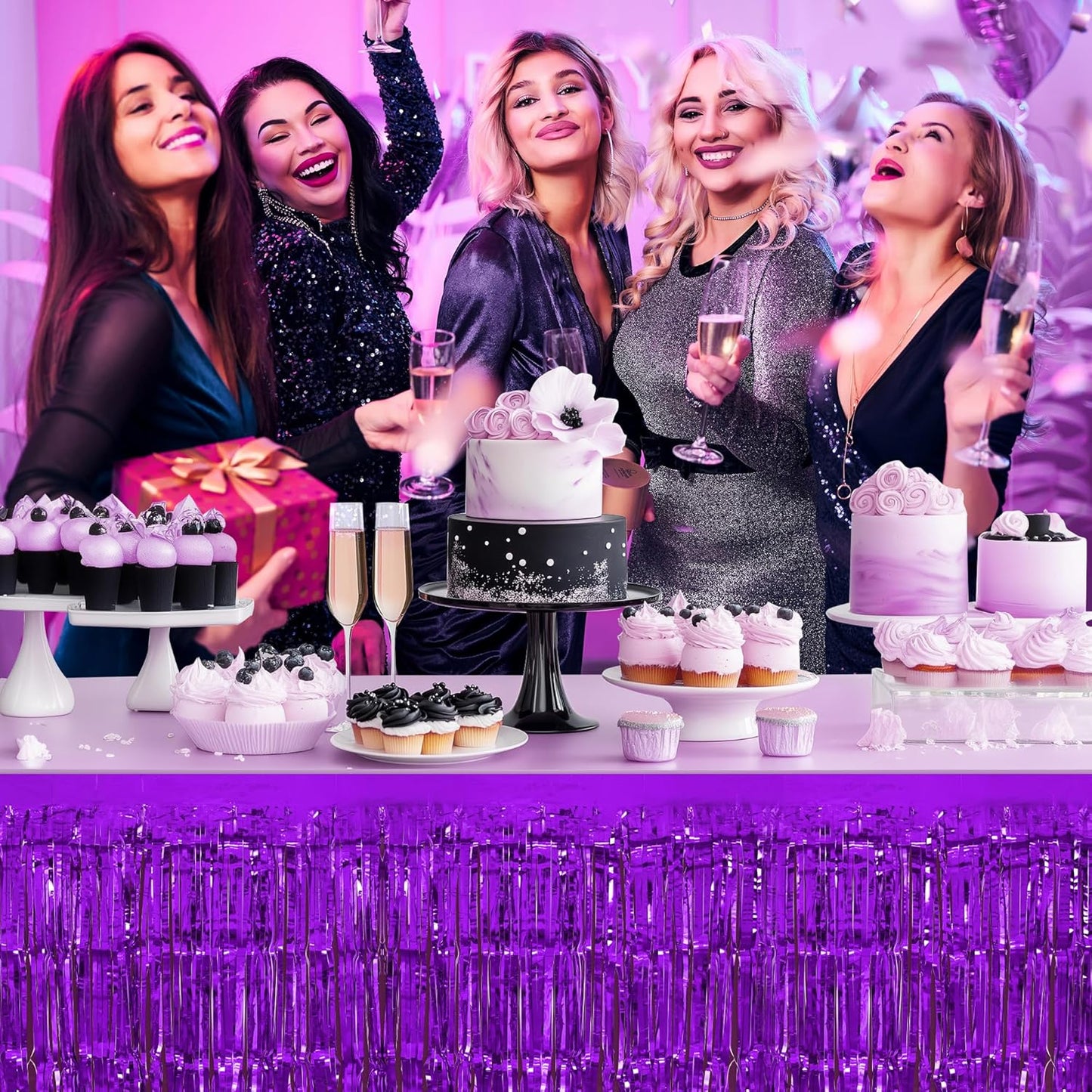 4 Pack Blue Purple Series Table Skirts, 29x108" Metallic Foil Tinsel Fringe Table Skirt for Rectangle Tables Streamer Curtains Backdrop, Party Decorations for Birthdays, Weddings, Holidays