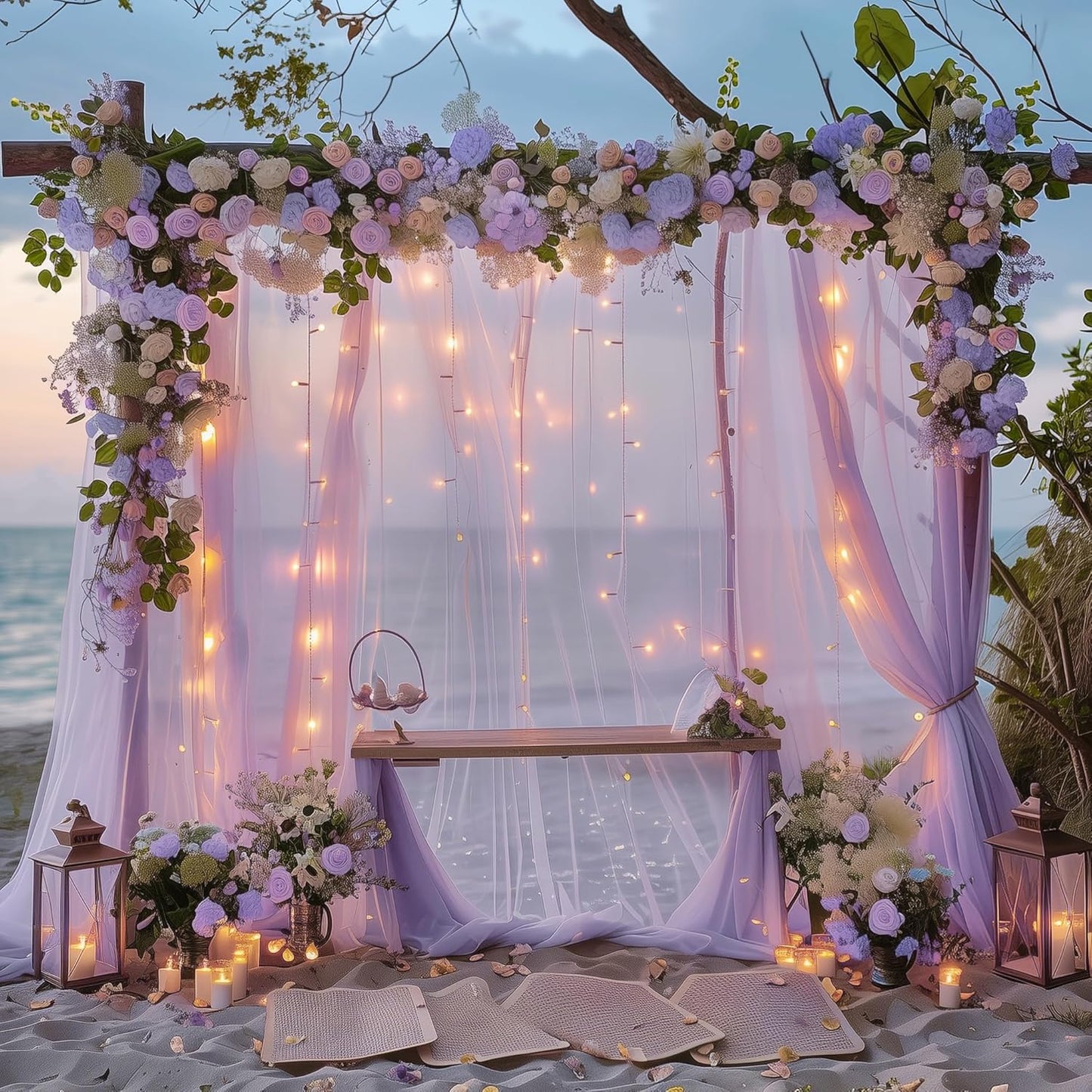 Fomcet Lavender Tulle Backdrop Curtains with Lights String 10FT X 10FT Sheer Curtain with Lights Tulle Curtains Backdrop for Wedding Birthday Party Photo Shoot (2 Panels 5x10FT)