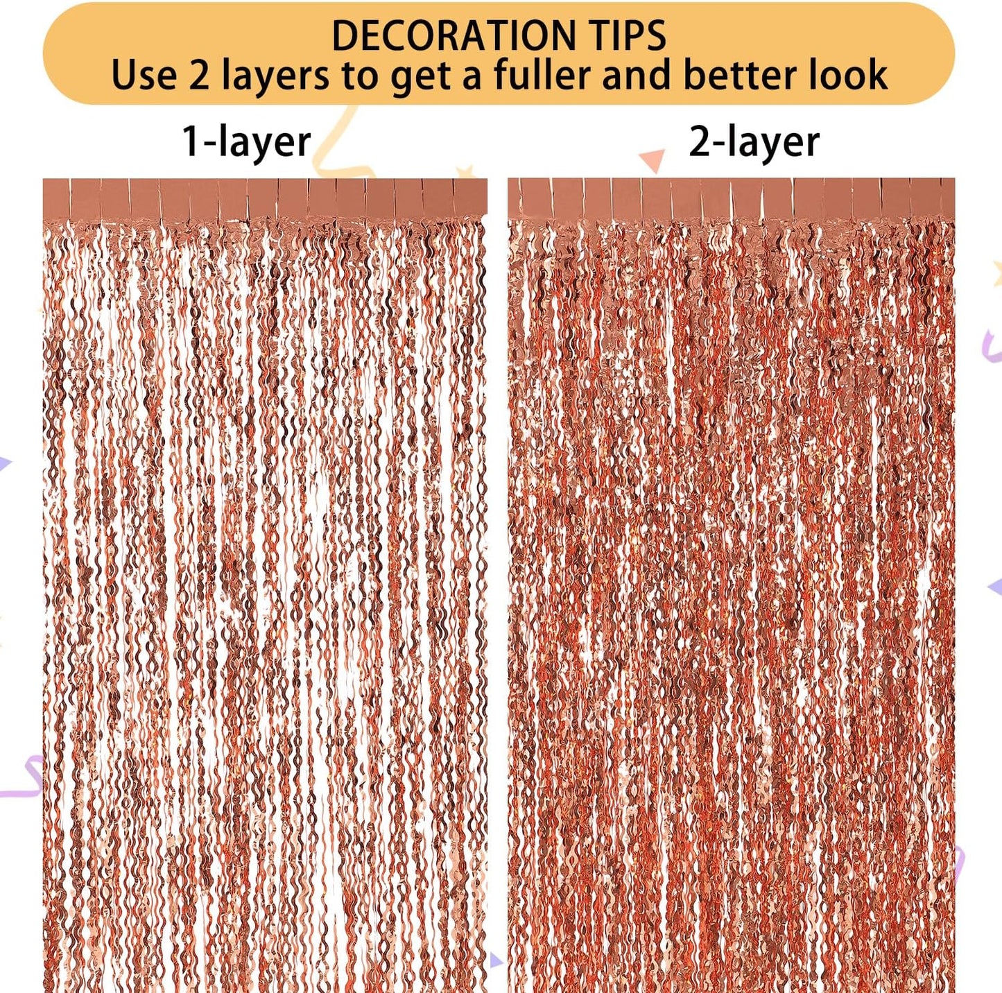 Wavy Fringe Curtain - Rose Gold, 3.3 ft x 6.6 Feet, Pack of 3 | Party Decorations, Streamers for Birthday Backdrop