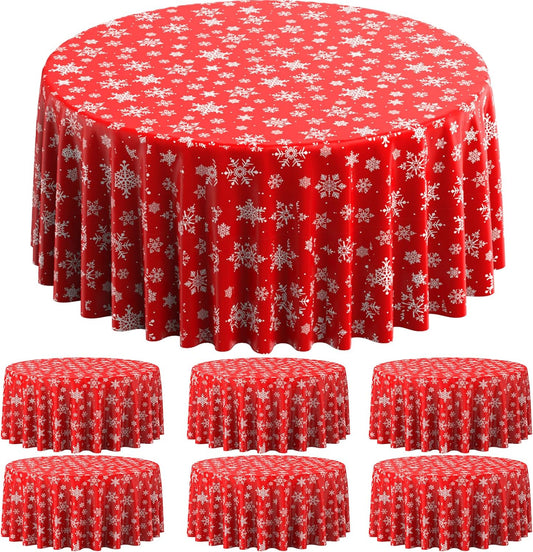 6 Pieces Christmas Snowflake Plastic Party Tablecloth Decorations, Disposable White Snowflake Red Xmas Round Table Cover Backdrop for Winter Christmas Holiday New Year Party Supplies,84 inch (Red)
