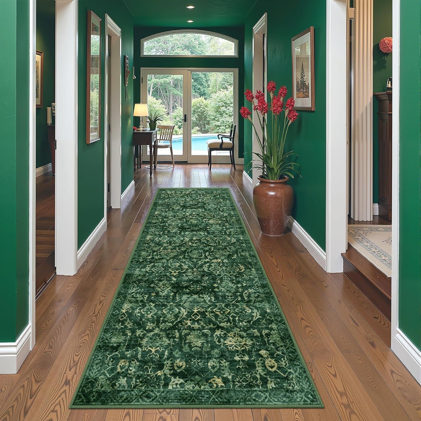 Dark Green 3x12 Runner Rug for Hallways Bed Side Kitchen, Boho Washable Distressed Low-Pile Floor Entryway Long Bathroom Mat, Non-Slip Laundry Room Front Carpet Green 36x144 Inch