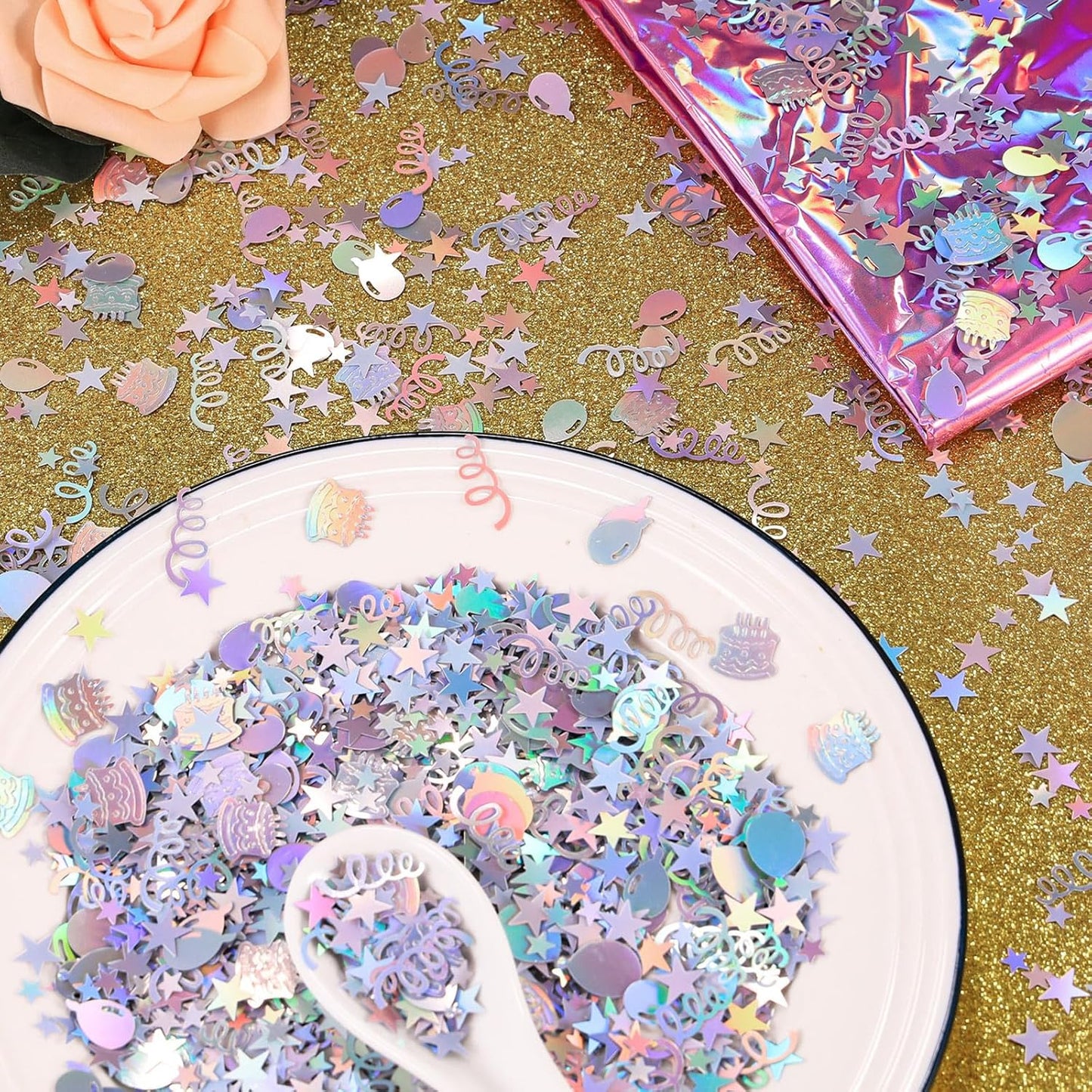 VHUWE Happy Birthday Confetti, 1.6 oz Laser Silver Cake Balloon Star Goblet Bottle Swirl Glitter Confetti for Boys Girls Kids Women Men Happy Birthday Party Table Decorations Supplies