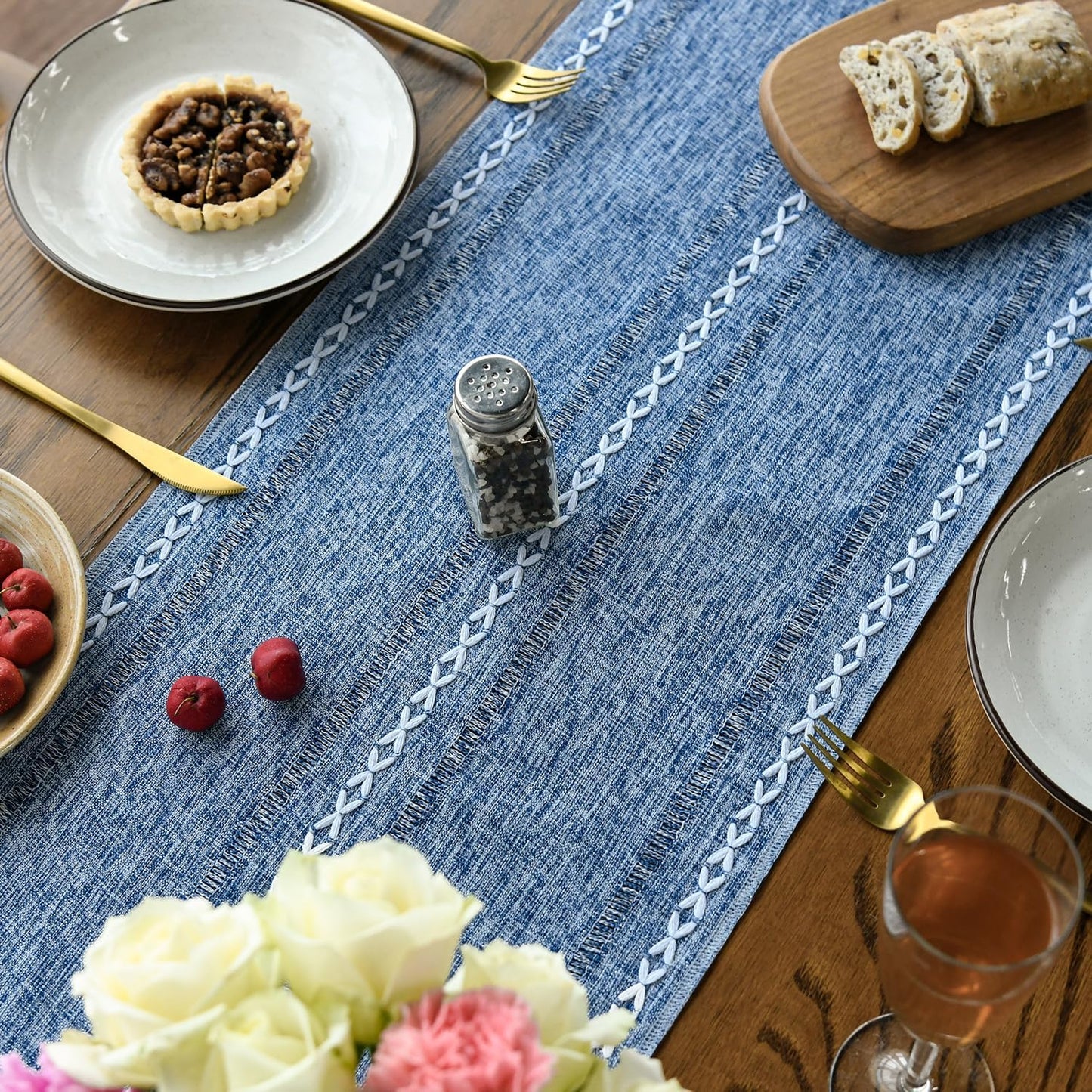 Artoid Mode Blue Rustic Cotton Linen Table Runner, Seasonal Embroidered Hollow Kitchen Dining Table Decoration for Home Party Decor 13x72 Inch