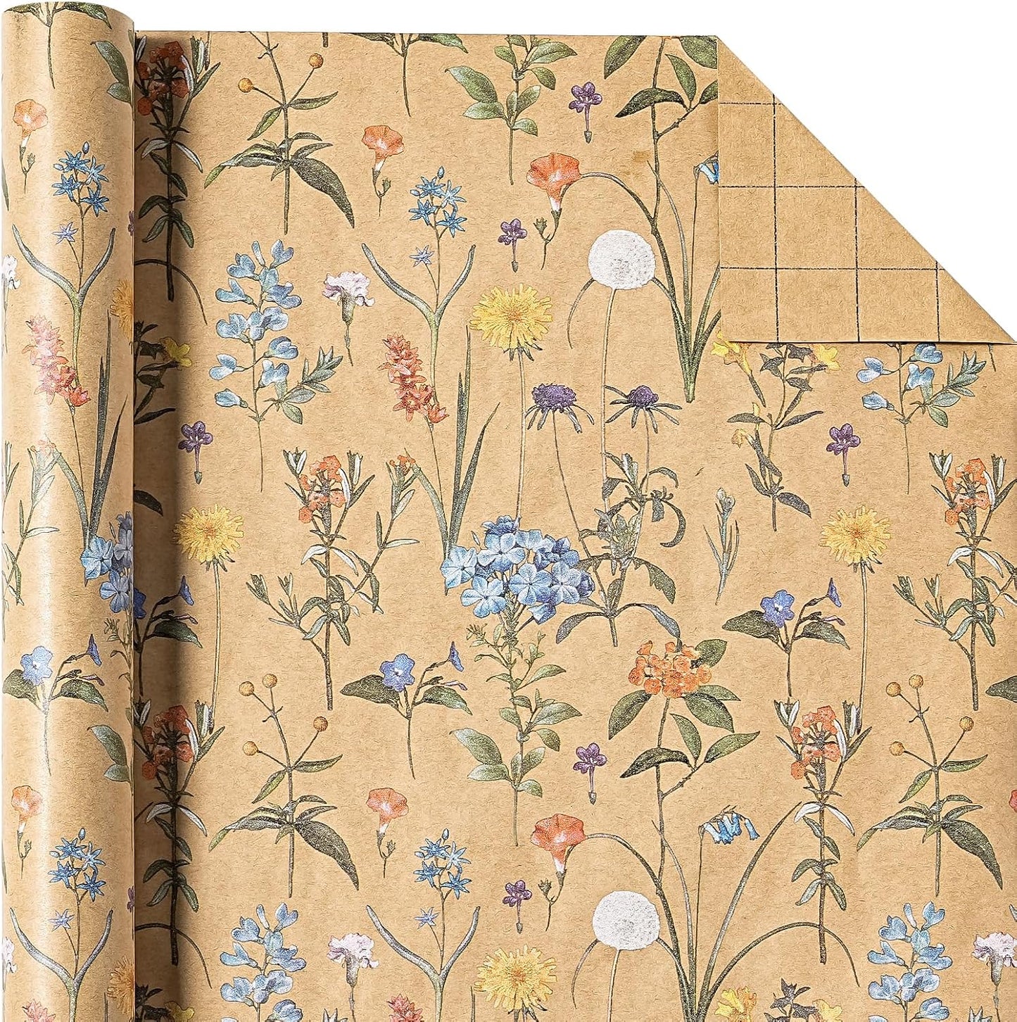 WRAPAHOLIC Kraft Floral Wrapping Paper Roll - Mini Roll - 17 Inch x 9.8 Feet - Wildflower Wrapping Paper Perfect for Girls Women Birthday, Wedding, Bridal Shower
