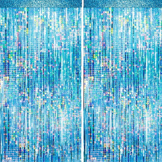 4 Packs Blue Foil Fringe Curtain, Light Blue Glitter Metallic Tinsel Backdrop for Birthday, Wedding, Baby Shower, Bachelorette, Ocean, Princess Party Decorations Supplies