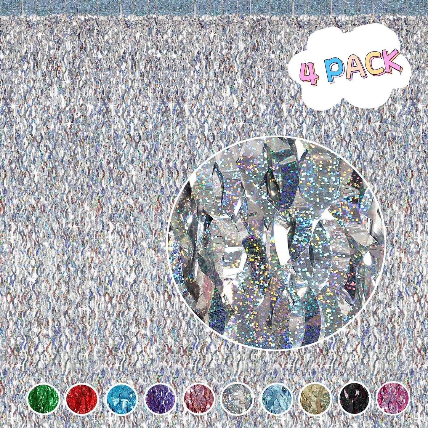 4 Pack Silver Tinsel Backdrop - CYLMFC 3.3 ft x 6.6 ft Streamer Metallic Tinsel Foil Fringe Curtains Photo Booth Props Wall Curtains for Bachelorette Birthday Party Decor