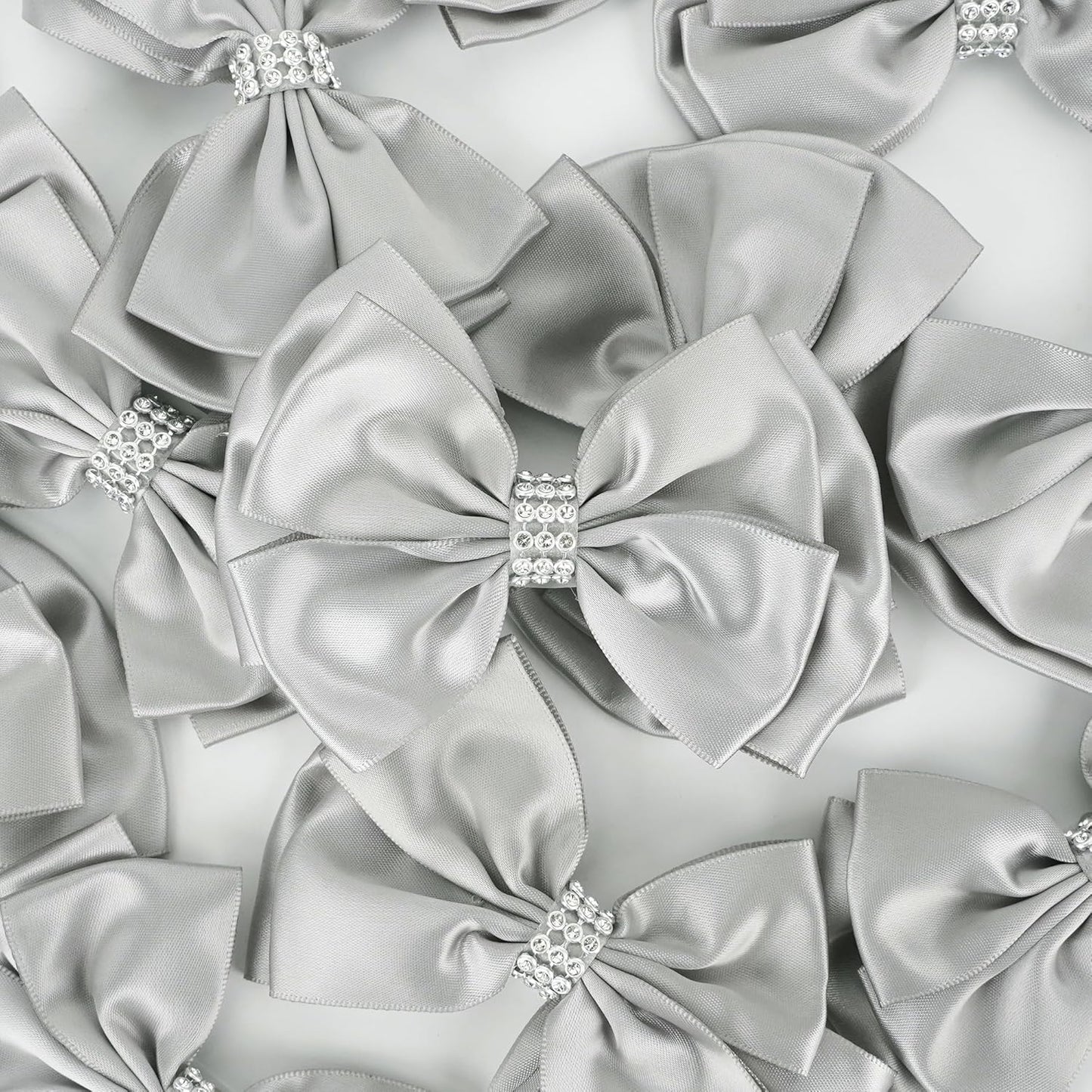 Silver Satin Bows 4'' Premade Ribbon Bow, Silver Gift Bows with Rhinestone, Wrapping Bows for Presents, Greeting Cards, Treat Bags, Wine Bottles, Valentines Bows for Gift Wrapping-12 Counts