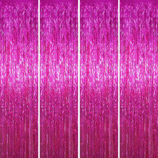 4 Pack Pink Foil Fringe Backdrop Curtains, Tinsel Streamers Birthday Party Decorations, Fringe Backdrop for Graduation, Baby Shower, Gender Reveal, Disco Party