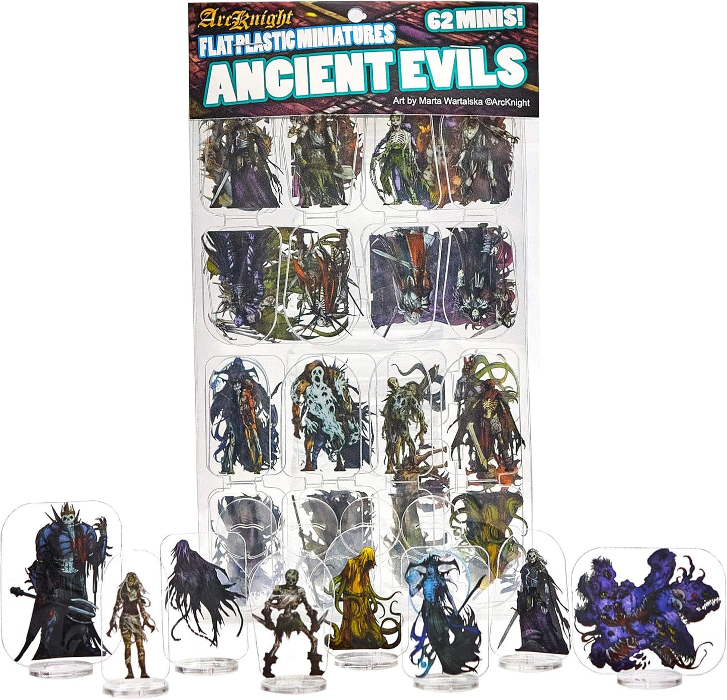 Arcknight Flat Plastic Miniatures: Ancient Evils; 62 Unique Evil-Themed Minis for DND 5e and Pathfinder; Affordable, Skinny Figurines for Dungeons and Dragons and Other Tabletop RPG Games