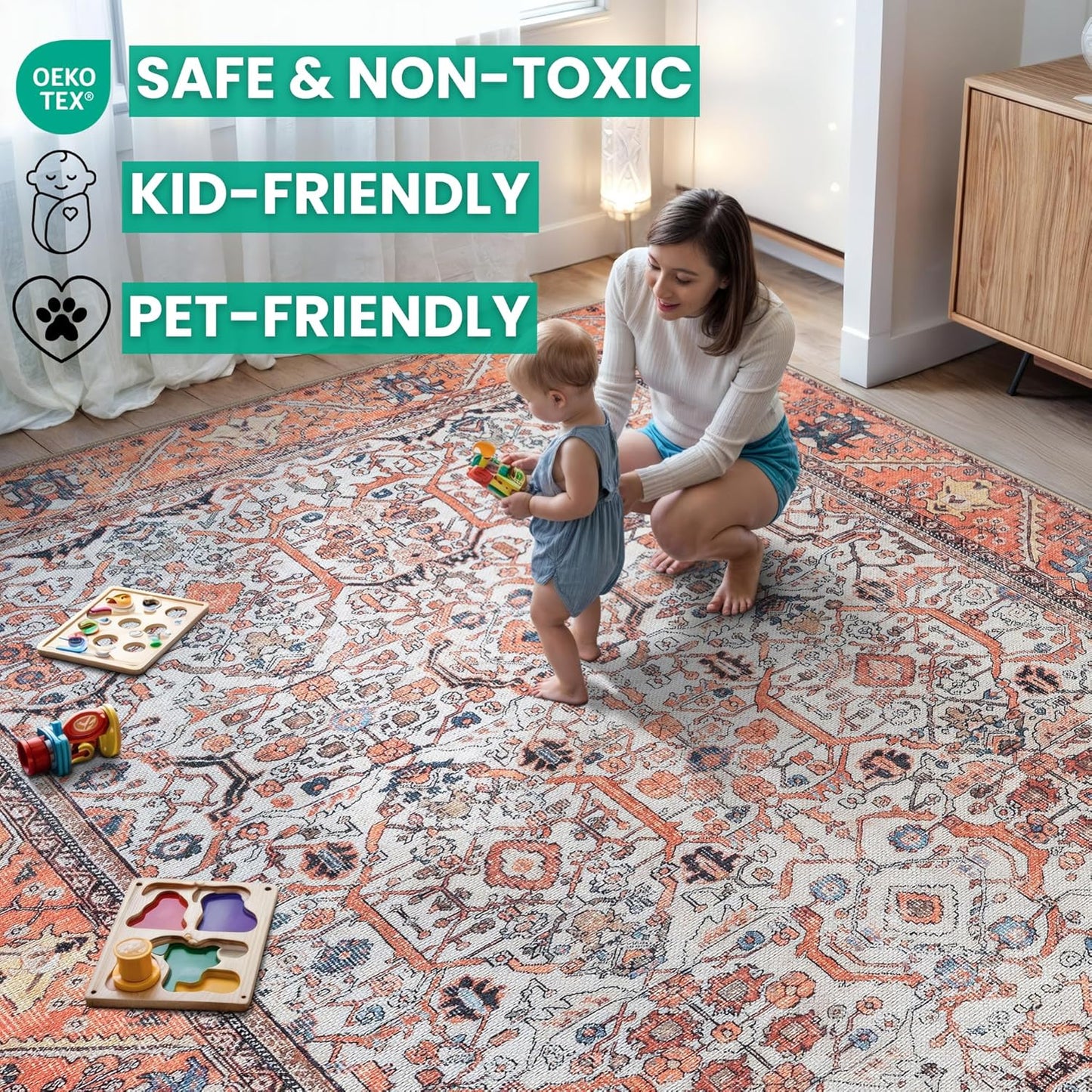 Bloom Rugs Washable Non-Slip 8' x 10' Rug - Orange Traditional Bordered Area Rug for Living Room, Bedroom, Dining Room, and Kitchen - Exact Size: 8' x 10'