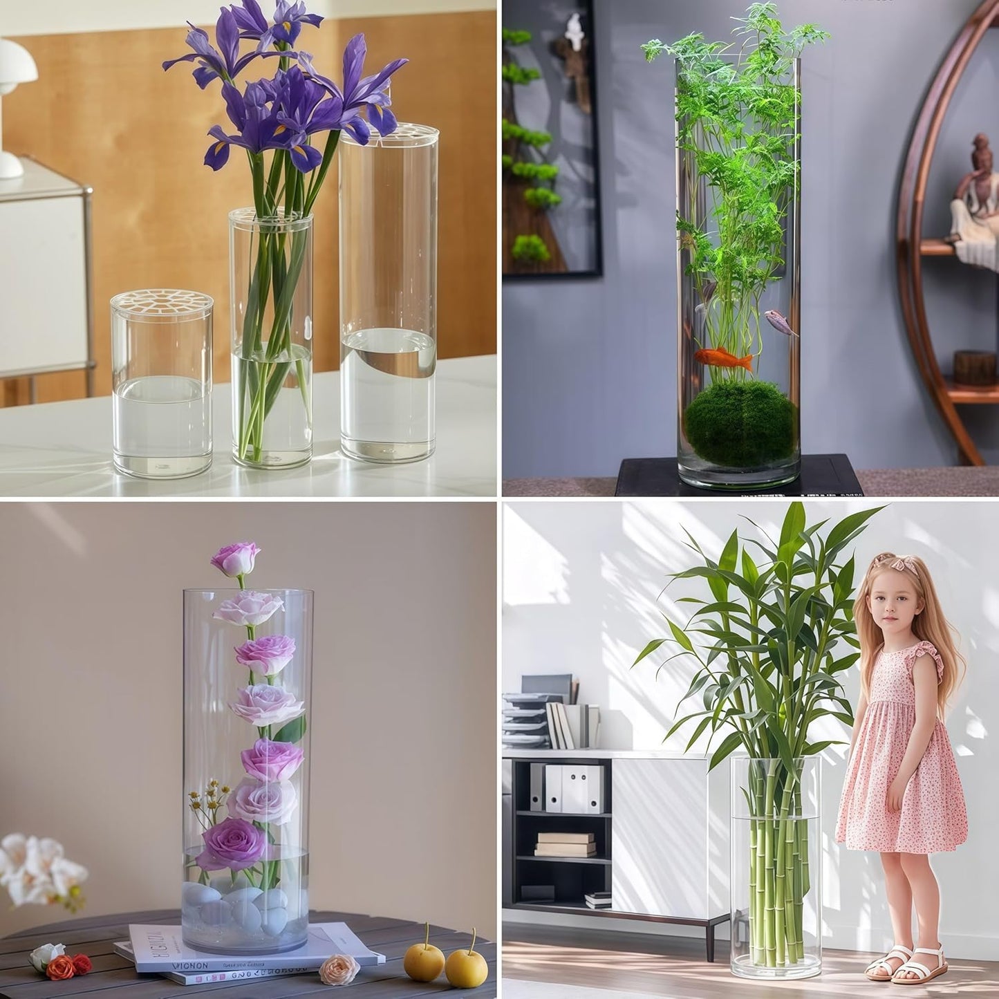 Extra Large Acrylic Cylinder Clear Vase for Floor, Tall Big Wide Mouth Plastic Unbreakable Hurricane Flower Vases of 3 for Home Decor (D 8" X H 15.8", D 6", D 4.8" + 2 Holder)