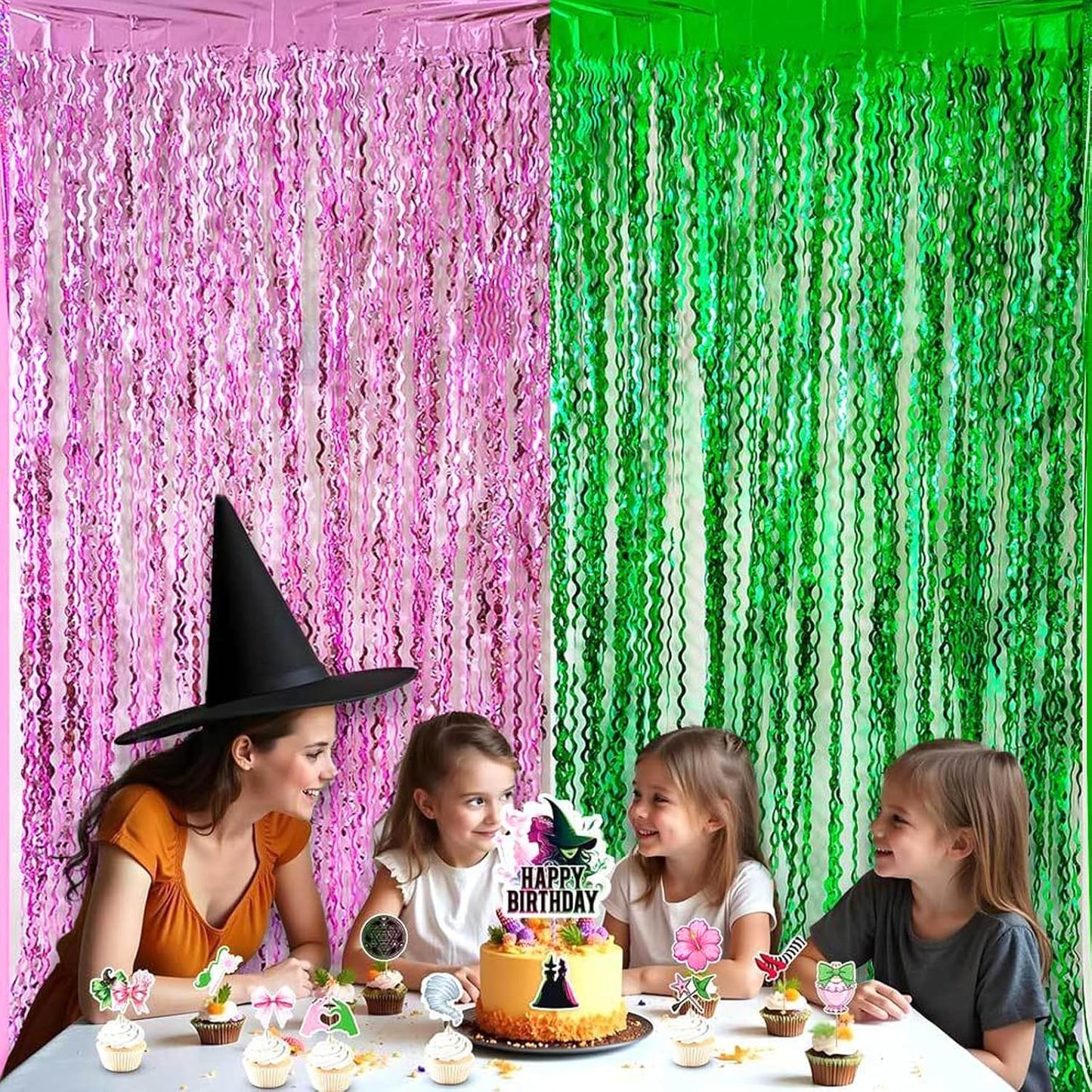 CANREVEL 2 Pack 3.3x6.6 Feet Pink and Green Wavy Foil Fringe Backdrop Curtains, Tinsel Streamers for Wicked Witch Merch Decor Birthday Party, Graduation, Halloween Party Decorations