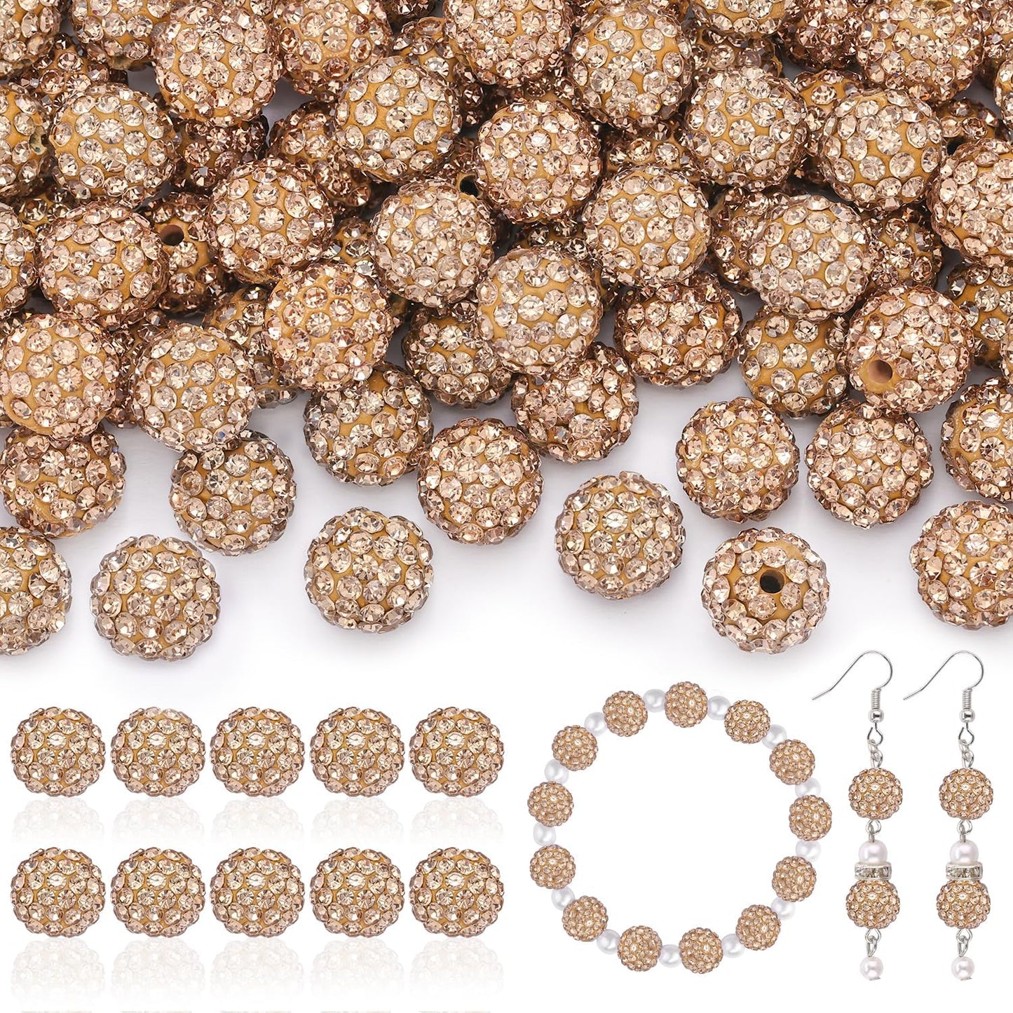160pcs 10mm Rhinestone Beads for Jewelry Making, Light Brown Shiny Round Disco Ball Beads Bulk, Sparkle Crystal Clay Christmas for Bracelet Baseball Necklace Earring Crafting and DIY