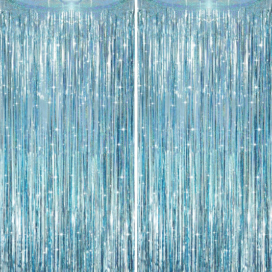 2 Pack Laser Light Blue Foil Fringe Curtains, Tinsel Streamers Birthday Party Decorations, Fringe Backdrop for Kids Birthday, Sea, Blue Theme Party